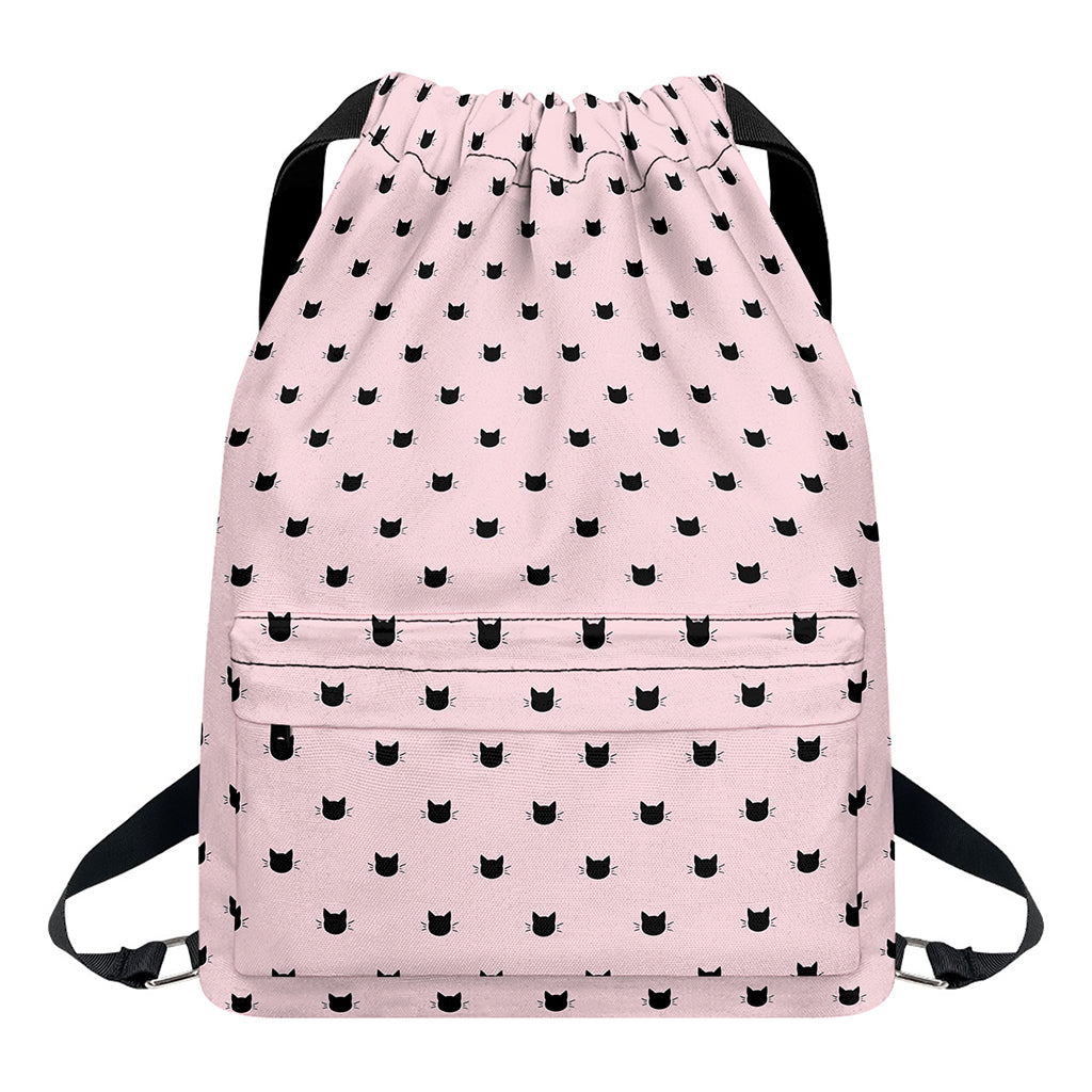 Black And Pink Cat Pattern Print Drawstring Backpack