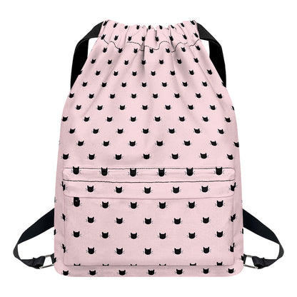 Black And Pink Cat Pattern Print Drawstring Backpack