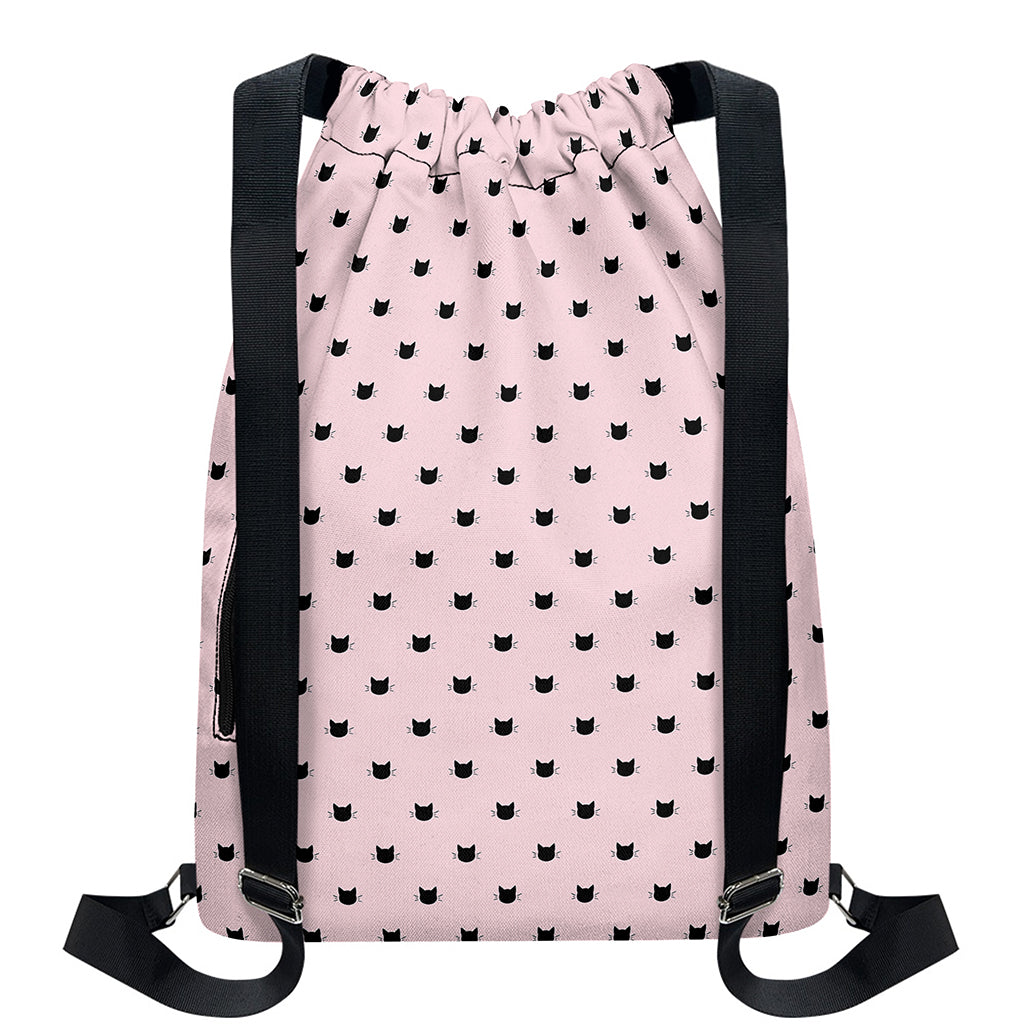 Black And Pink Cat Pattern Print Drawstring Backpack