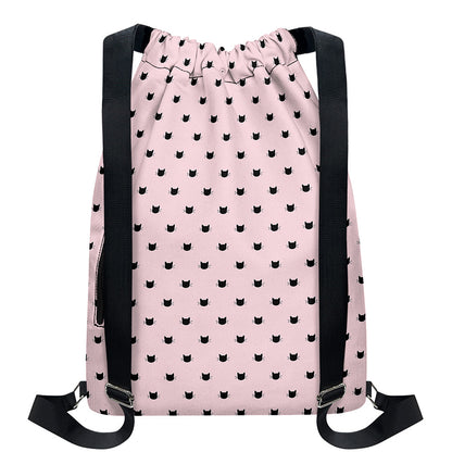 Black And Pink Cat Pattern Print Drawstring Backpack
