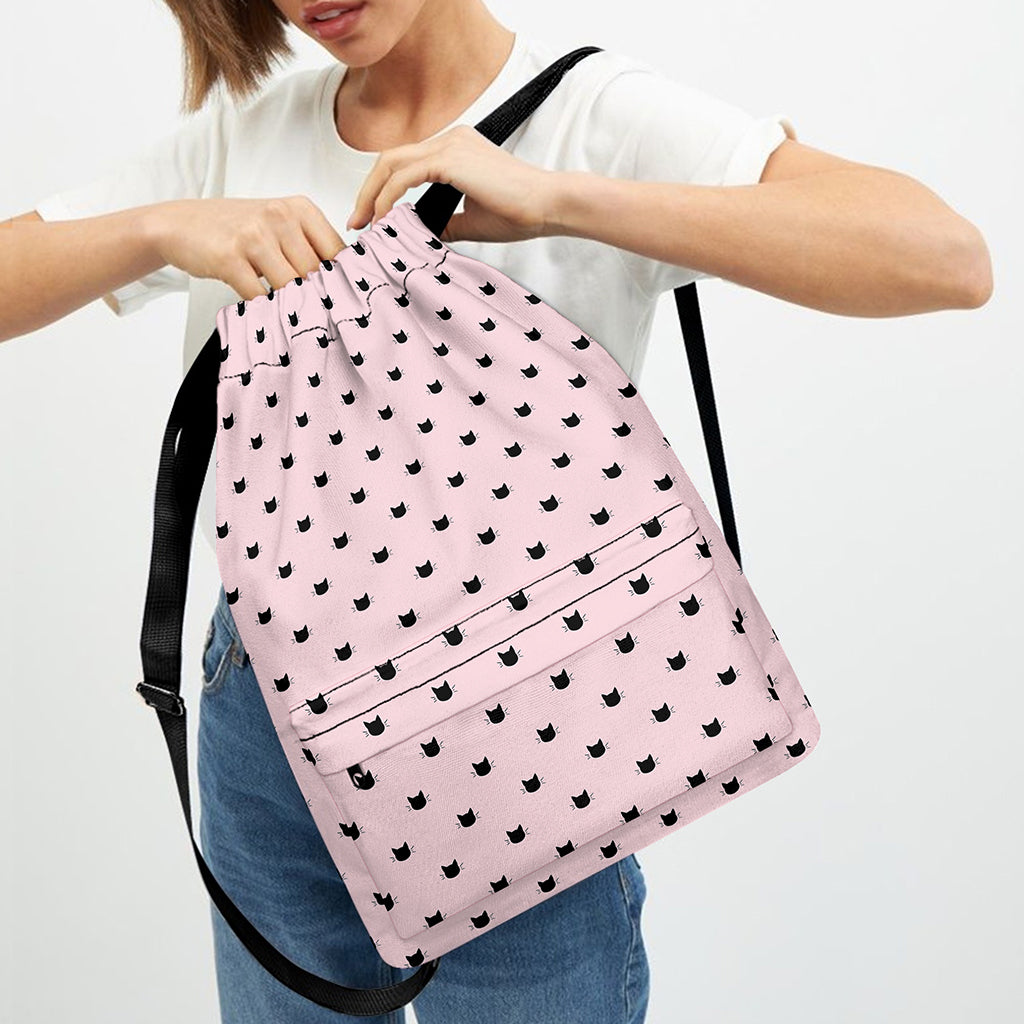 Black And Pink Cat Pattern Print Drawstring Backpack