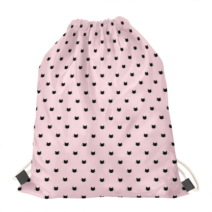 Black And Pink Cat Pattern Print Drawstring Bag