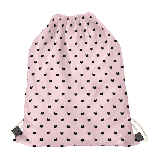 Black And Pink Cat Pattern Print Drawstring Bag
