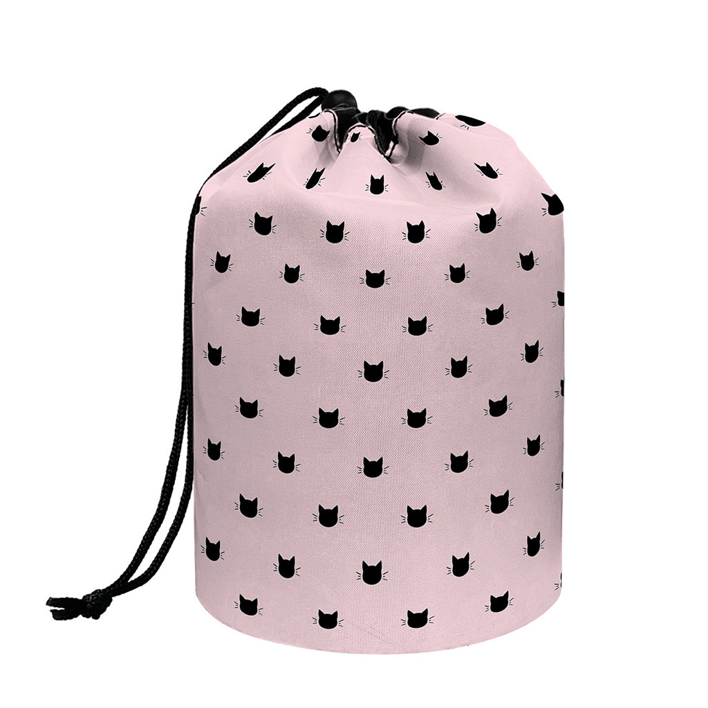 Black And Pink Cat Pattern Print Drawstring Makeup Bag