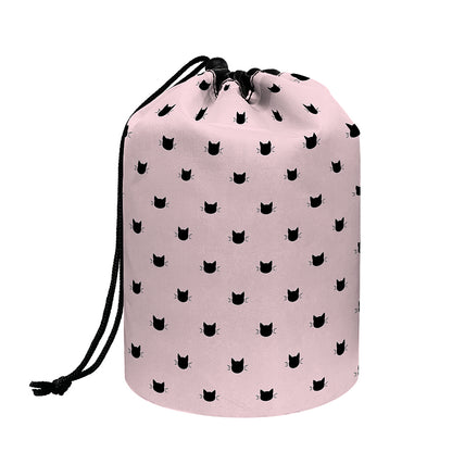 Black And Pink Cat Pattern Print Drawstring Makeup Bag