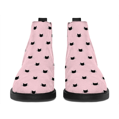 Black And Pink Cat Pattern Print Flat Ankle Boots