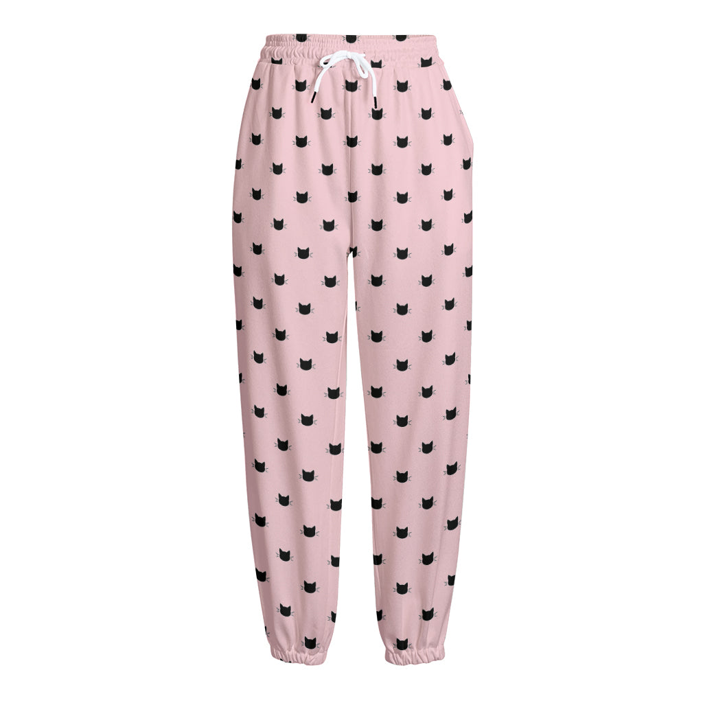 Black And Pink Cat Pattern Print Fleece Lined Knit Pants