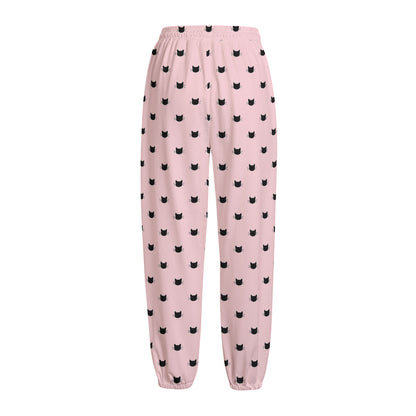 Black And Pink Cat Pattern Print Fleece Lined Knit Pants