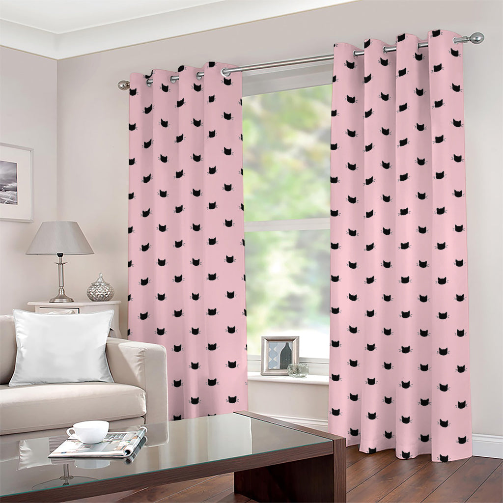 Black And Pink Cat Pattern Print Grommet Curtains