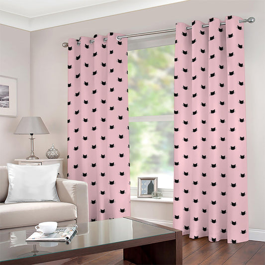 Black And Pink Cat Pattern Print Grommet Curtains