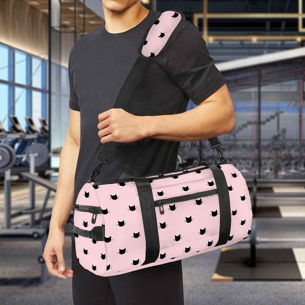 Black And Pink Cat Pattern Print Gym Bag