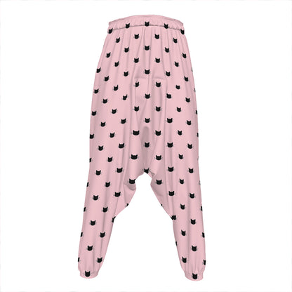 Black And Pink Cat Pattern Print Hammer Pants