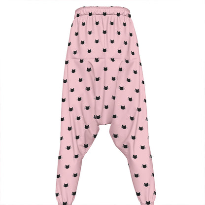 Black And Pink Cat Pattern Print Hammer Pants