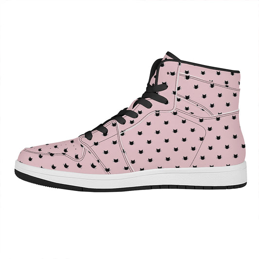 Black And Pink Cat Pattern Print High Top Leather Sneakers