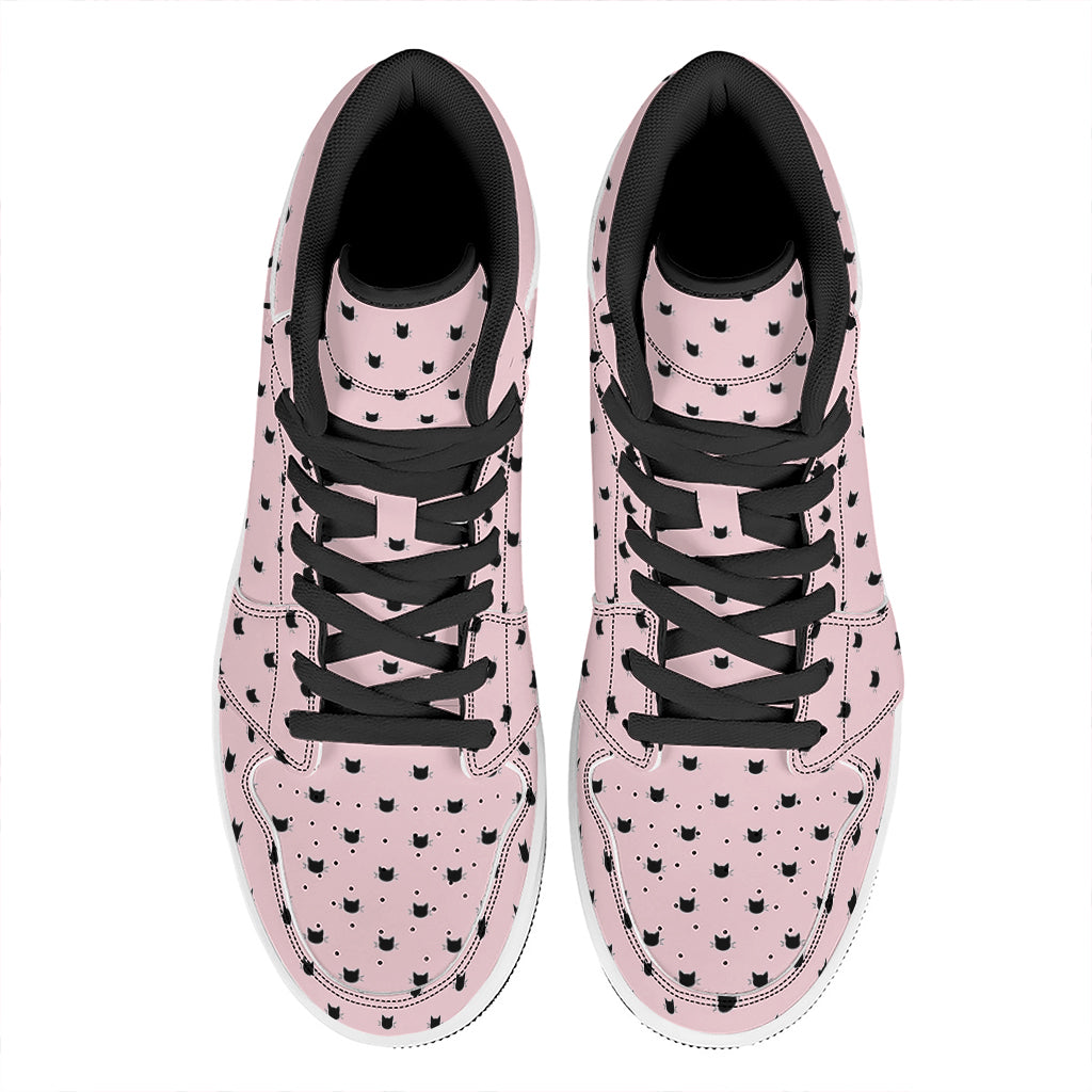 Black And Pink Cat Pattern Print High Top Leather Sneakers