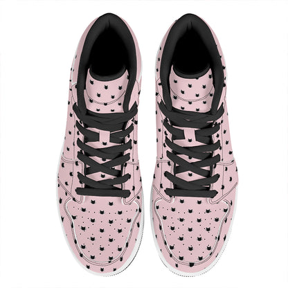 Black And Pink Cat Pattern Print High Top Leather Sneakers