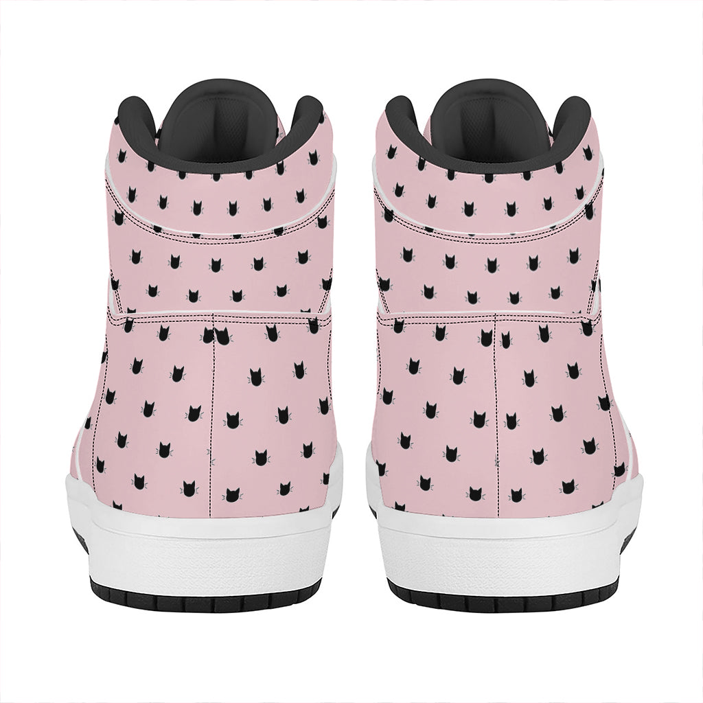 Black And Pink Cat Pattern Print High Top Leather Sneakers