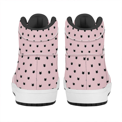 Black And Pink Cat Pattern Print High Top Leather Sneakers