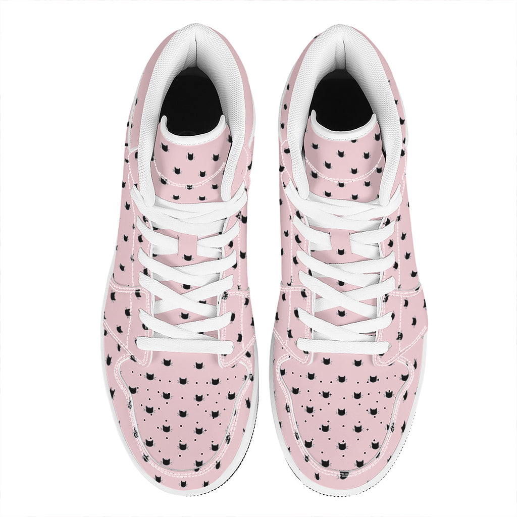 Black And Pink Cat Pattern Print High Top Leather Sneakers
