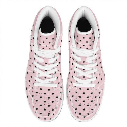 Black And Pink Cat Pattern Print High Top Leather Sneakers