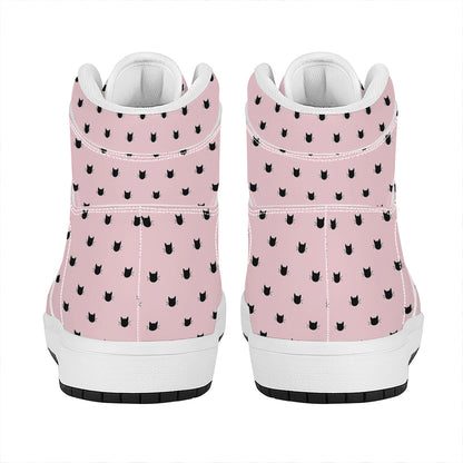 Black And Pink Cat Pattern Print High Top Leather Sneakers