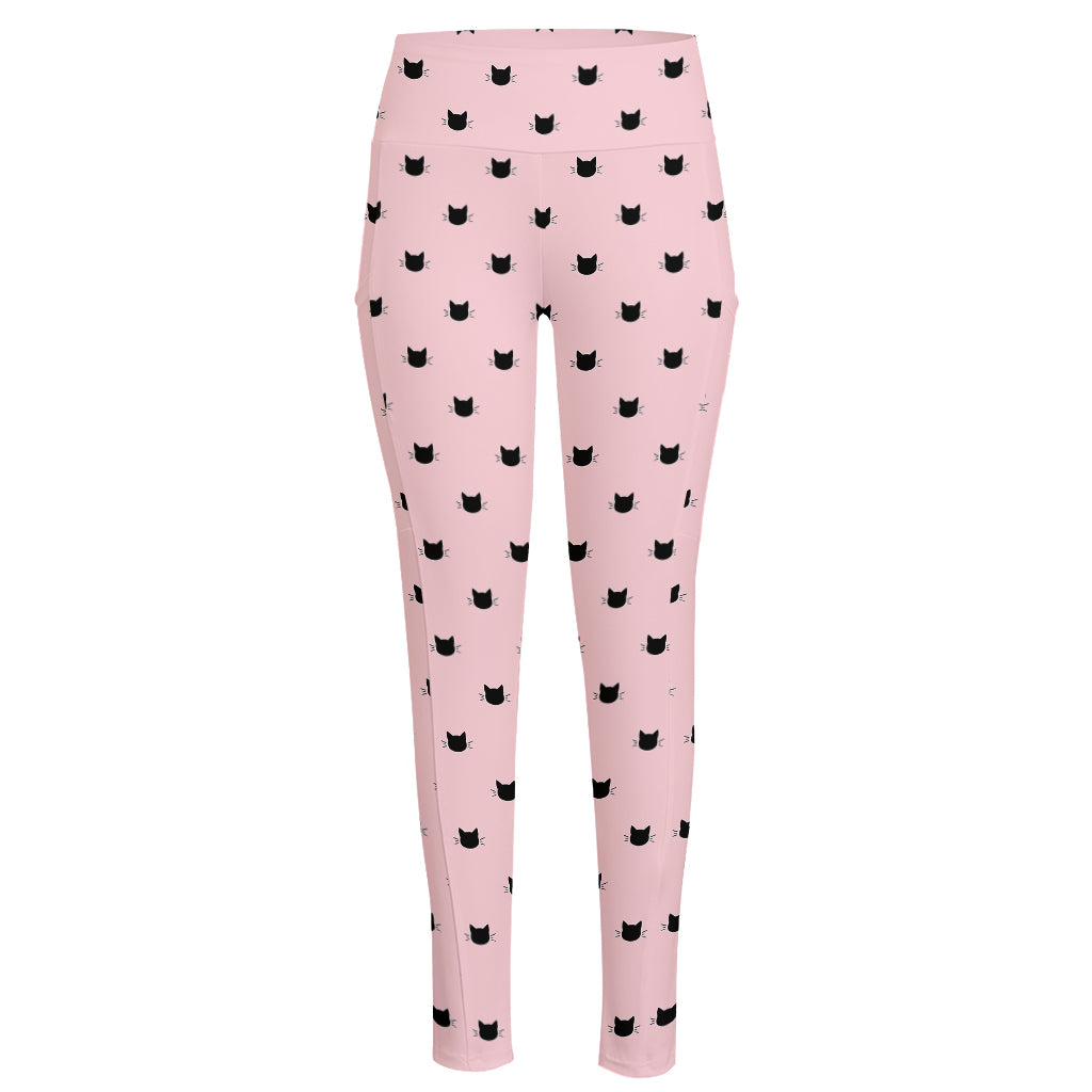 Black And Pink Cat Pattern Print High-Waisted Pocket Leggings