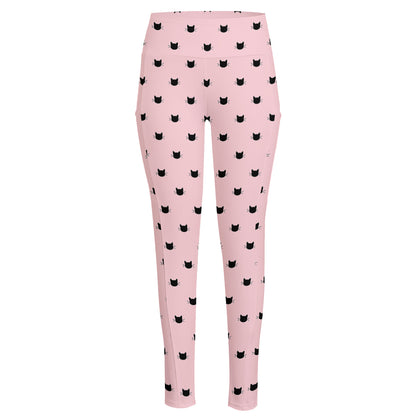 Black And Pink Cat Pattern Print High-Waisted Pocket Leggings