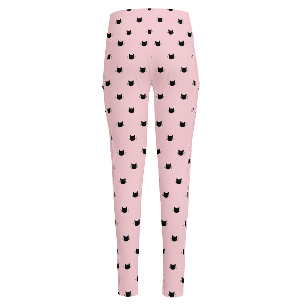 Black And Pink Cat Pattern Print High-Waisted Pocket Leggings
