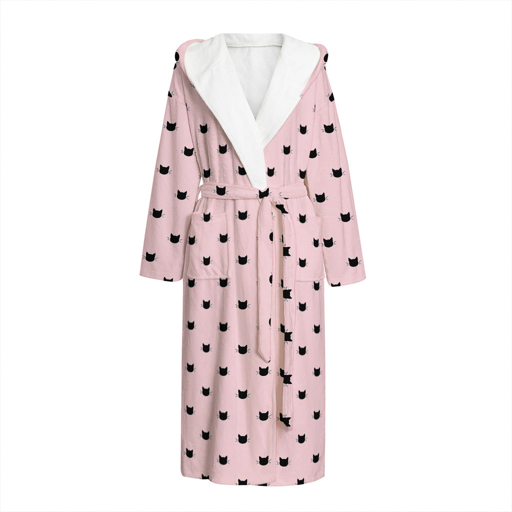 Black And Pink Cat Pattern Print Hooded Bathrobe