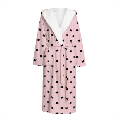 Black And Pink Cat Pattern Print Hooded Bathrobe