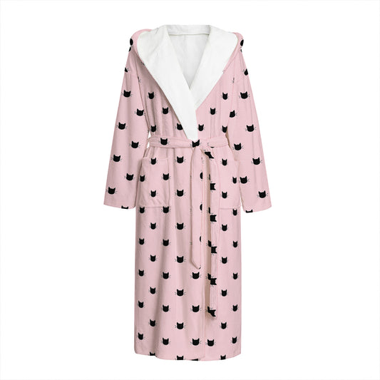 Black And Pink Cat Pattern Print Hooded Bathrobe
