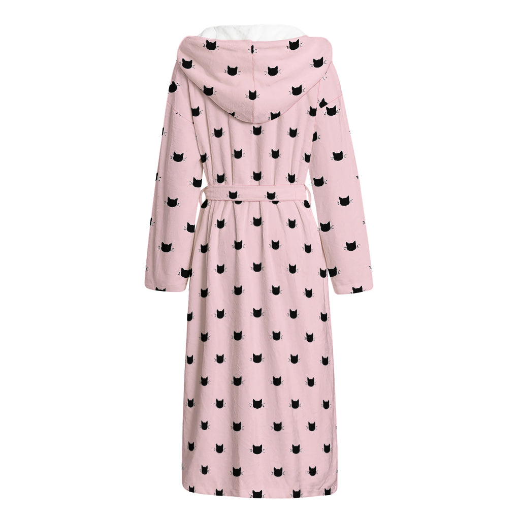 Black And Pink Cat Pattern Print Hooded Bathrobe