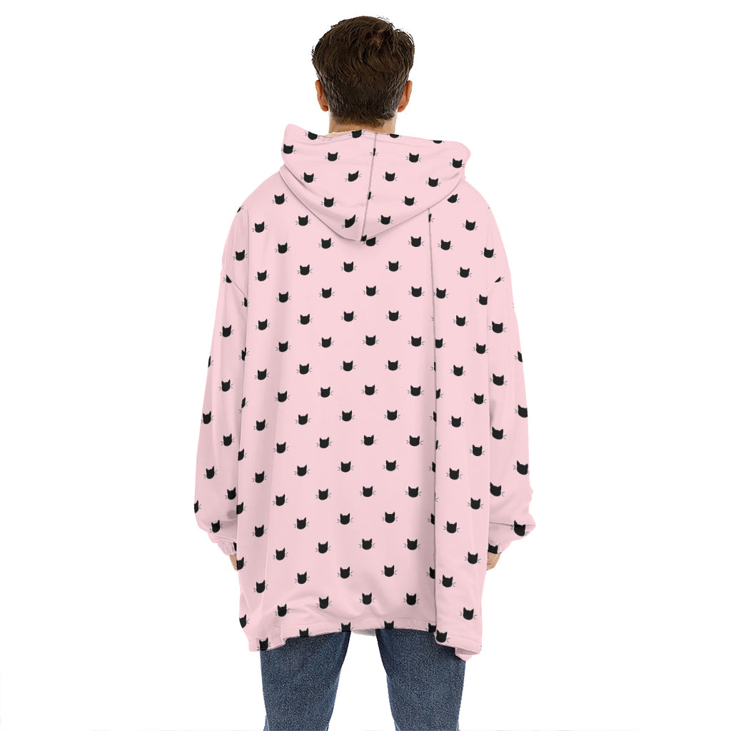 Black And Pink Cat Pattern Print Hoodie Blanket