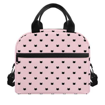 Black And Pink Cat Pattern Print Insulated Lunch Bag