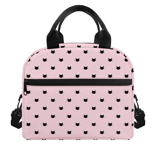 Black And Pink Cat Pattern Print Insulated Lunch Bag