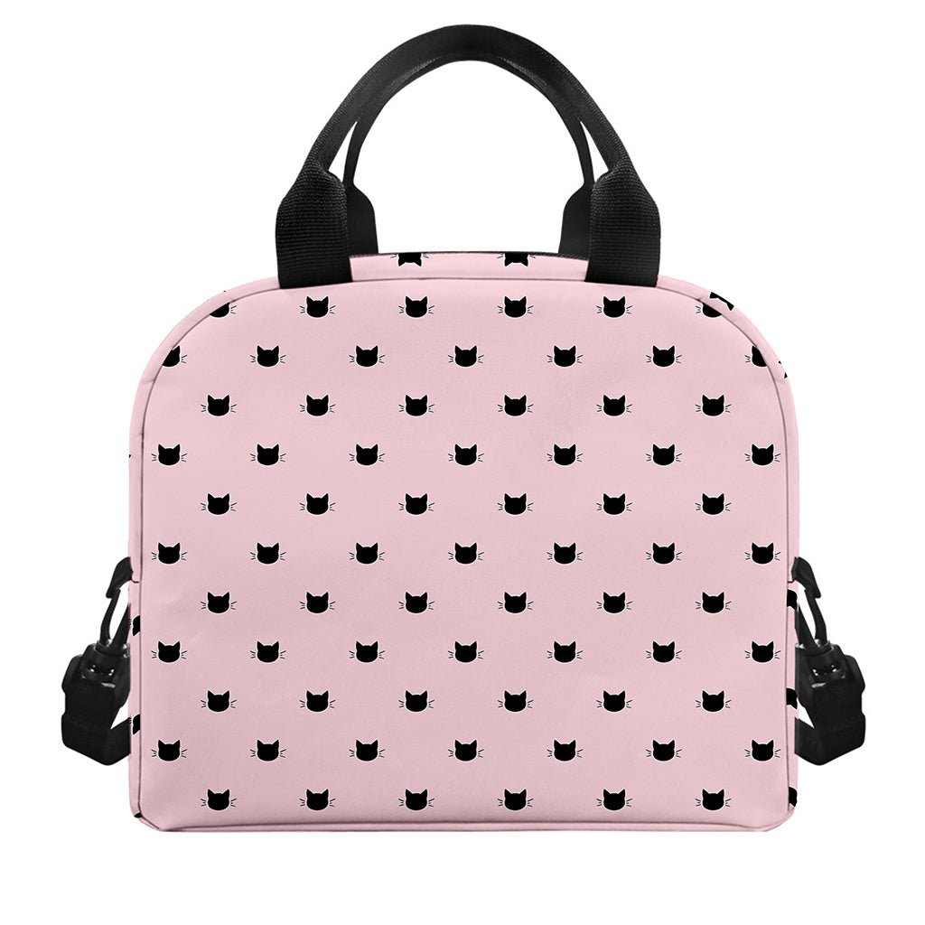 Black And Pink Cat Pattern Print Insulated Lunch Bag