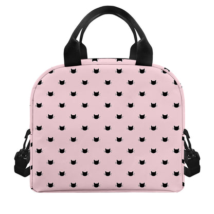 Black And Pink Cat Pattern Print Insulated Lunch Bag