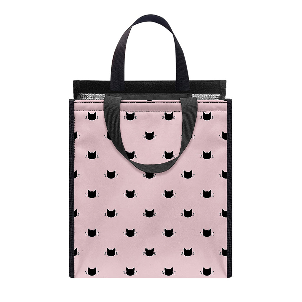 Black And Pink Cat Pattern Print Insulated Lunch Tote