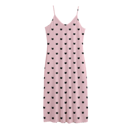 Black And Pink Cat Pattern Print Jersey Midi Cami Dress