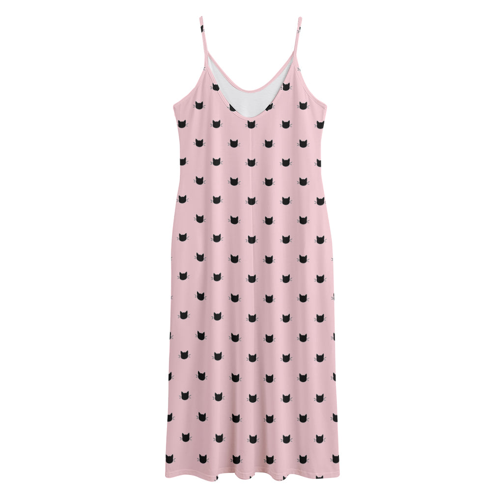Black And Pink Cat Pattern Print Jersey Midi Cami Dress
