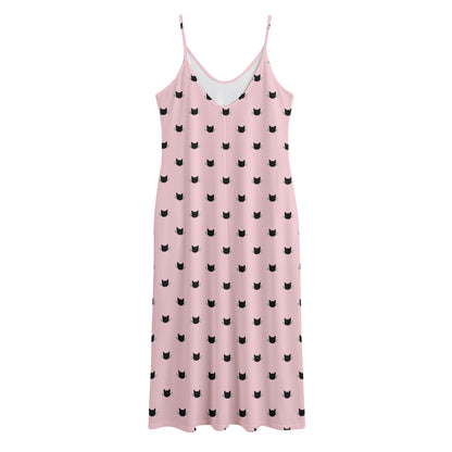 Black And Pink Cat Pattern Print Jersey Midi Cami Dress