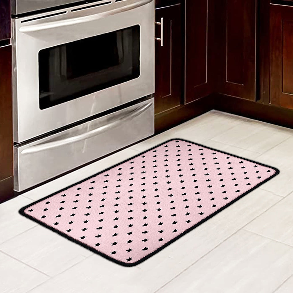 Black And Pink Cat Pattern Print Kitchen Mat