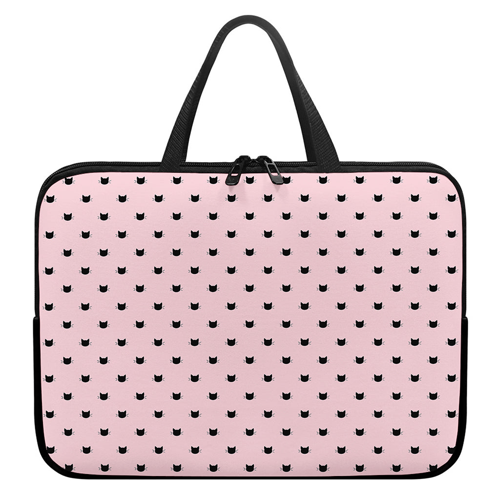 Black And Pink Cat Pattern Print Laptop Sleeve With Handle