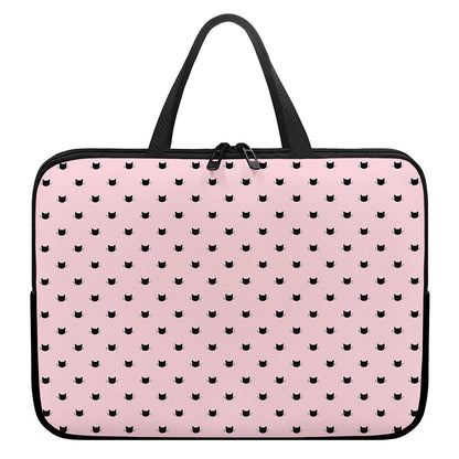 Black And Pink Cat Pattern Print Laptop Sleeve With Handle