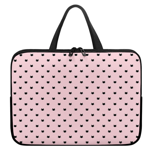 Black And Pink Cat Pattern Print Laptop Sleeve With Handle