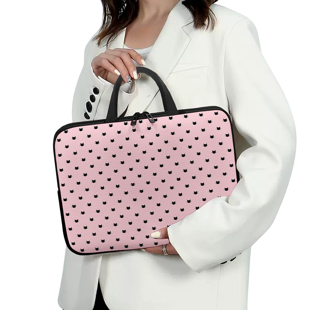Black And Pink Cat Pattern Print Laptop Sleeve With Handle