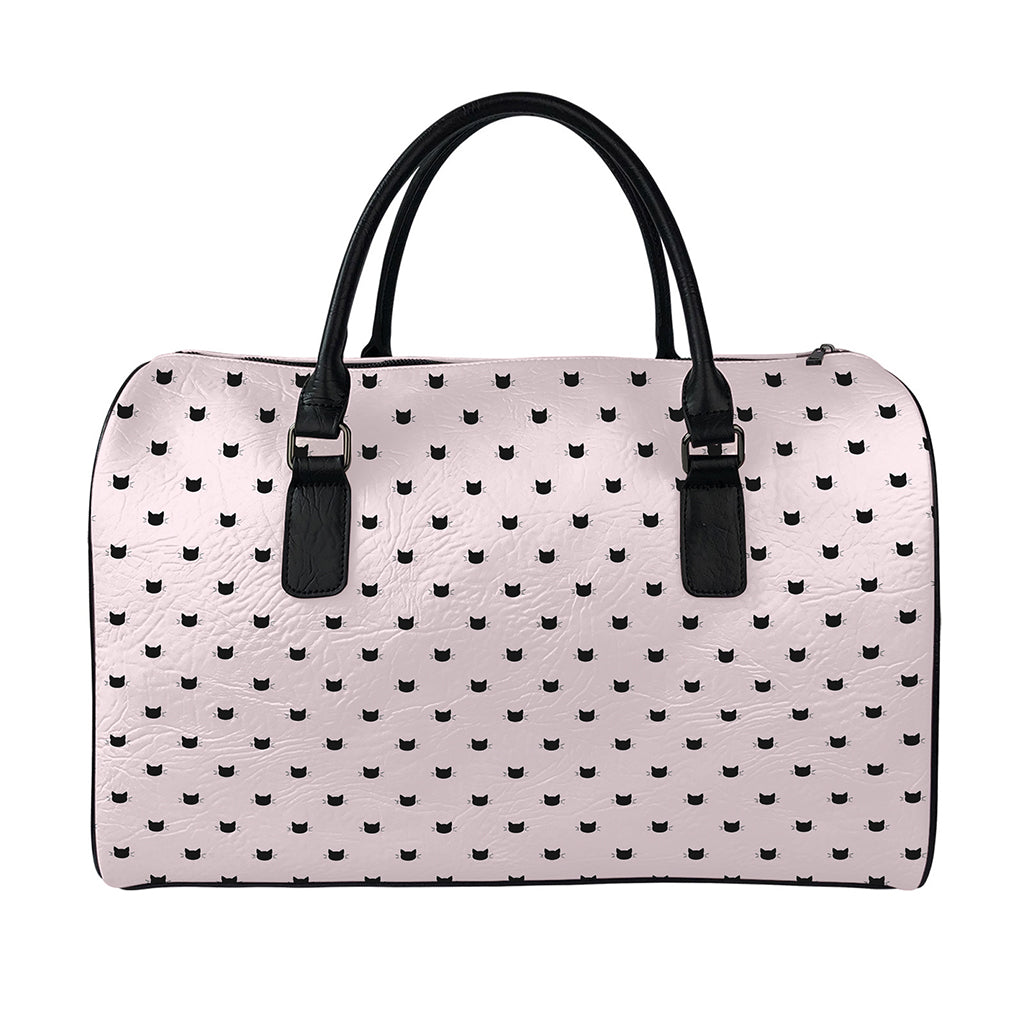 Black And Pink Cat Pattern Print Leather Duffle Bag
