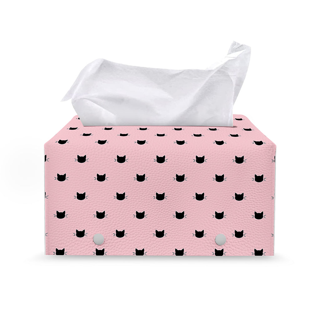 Black And Pink Cat Pattern Print Leather Tissue Box Cover