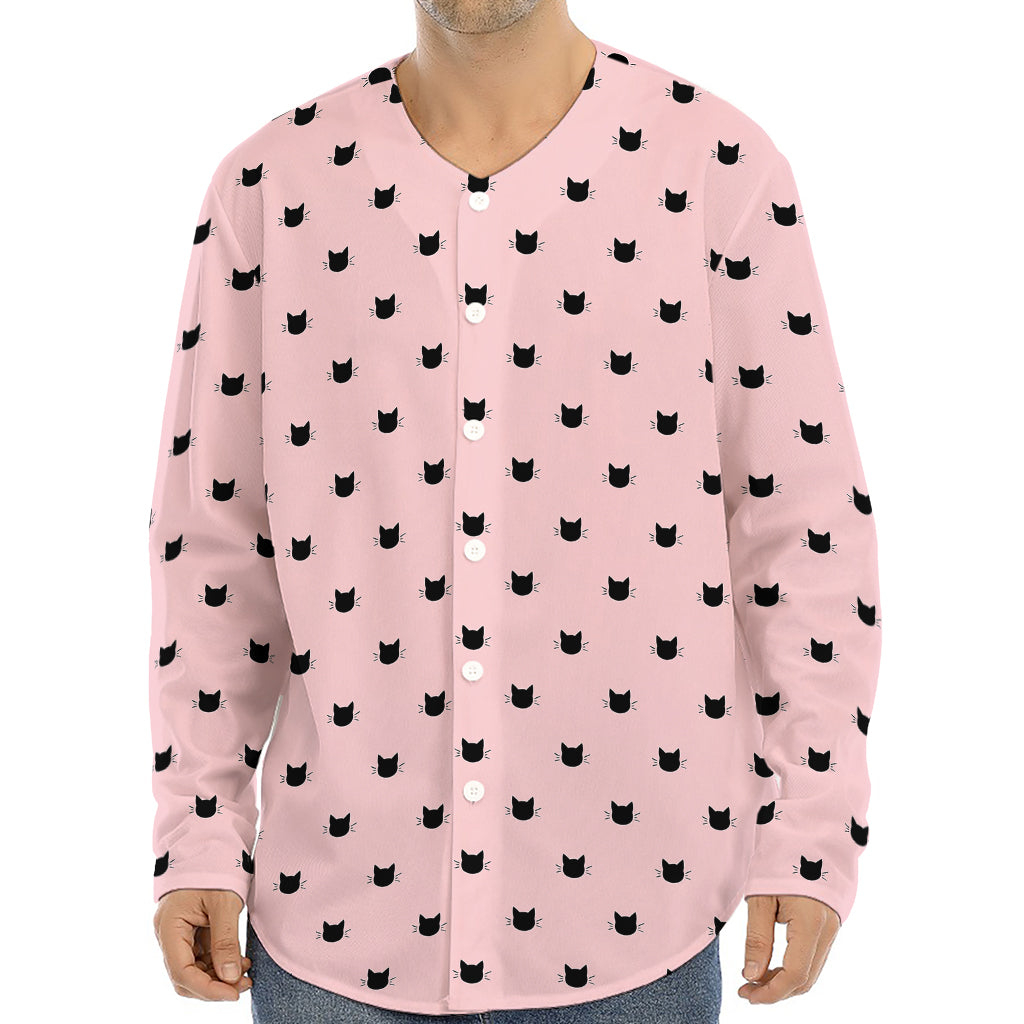 Black And Pink Cat Pattern Print Long Sleeve Baseball Jersey