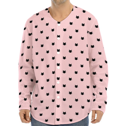 Black And Pink Cat Pattern Print Long Sleeve Baseball Jersey